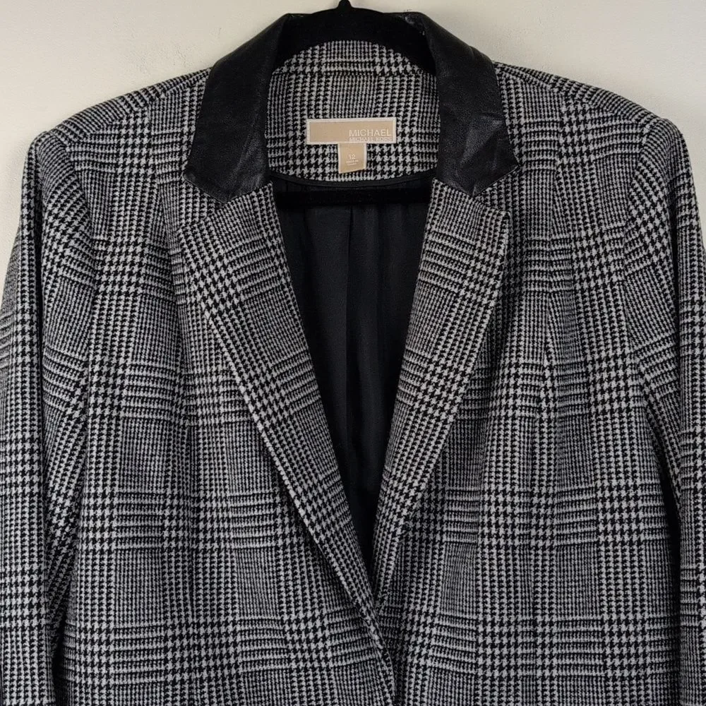 Michael Kors Black & White Houndstooth Plaid Blazer with Leather Accents Size 12